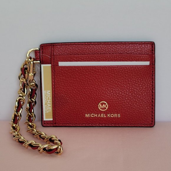MICHAEL KORS Jet Set Small ID Pebbled Leather Chain Card Holder Case-Crimson⭐ - Picture 3 of 16